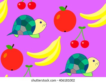 Pattern Tortoise and fruit, apple, cherry, banana on an purple background. Bright children's drawing, pattern, for printing on fabric, paper, packaging, wallpaper. Cute little creatures with fruit.