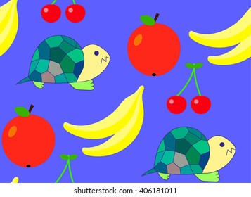 Pattern Tortoise and fruit, apple, cherry, banana on an dark blue background. Bright children's drawing, pattern, for printing on fabric, paper, packaging, wallpaper. Cute little creatures with fruit.