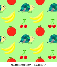 Pattern Tortoise and fruit, apple, cherry, banana on an green background. Bright children's drawing, pattern, for printing on fabric, paper, packaging, wallpaper. Cute little creatures with fruit.