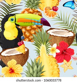 Pattern with toucan and exotic fruits