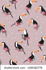 pattern with toucan and flowers, pink dots background
