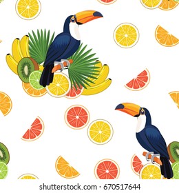 Pattern with toucan and fruits. Vector seamless texture.