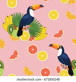 Pattern with toucan and fruits. Vector seamless texture.