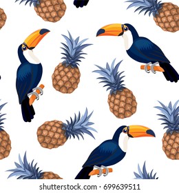 Pattern with toucans and pineapples. Vector seamless texture.