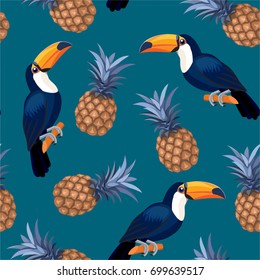 Pattern with toucans and pineapples. Vector seamless texture.