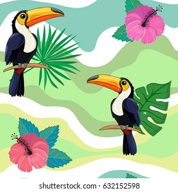 pattern with toucans and tropical flowers