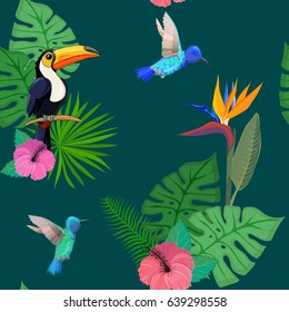 Pattern with toucans and tropical flowers.