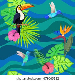 Pattern with toucans and tropical flowers.