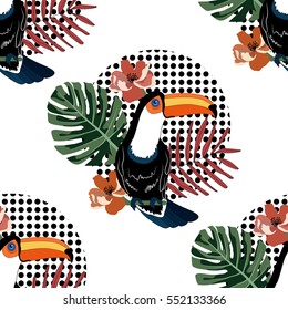 Pattern with toucan,tropical flowers and leafs.Seamless vector exotic print.Summer textile texture