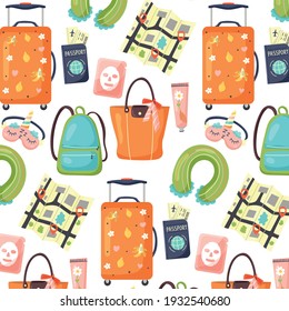 Pattern of tourist luggage and accessories. Summer exotic background of digital paper. Vector cartoon flat illustration
