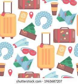 Pattern of tourist luggage and accessories. Summer background of digital paper. Vector cartoon flat illustration
