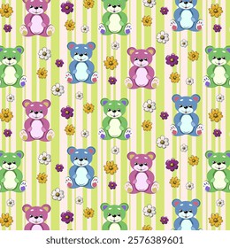 Pattern with toy multi-colored teddy bears.Vector seamless pattern with colorful toy bears on a striped background with flowers.