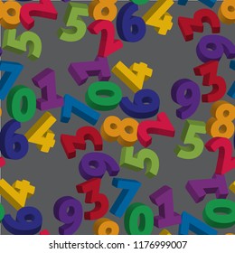 Pattern with toy numbers. Multicolored numbers from 0 to 9 on grey background. 3D. Vector illustration.