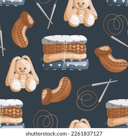 Pattern with toy rabbit, woolen socks, stack of knitted clothes, needles. Tools and equipment for knitwork, handicraft. Handmade needlework, hobby at home. Knitting studio, workshop advertising. 
