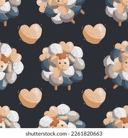 Pattern with toy sheep made of balls of wool. Skein of yarn. Tools and equipment for knitwork, handicraft. Handmade needlework, hobby at home. Knitting studio, workshop advertising. Cartoon vector