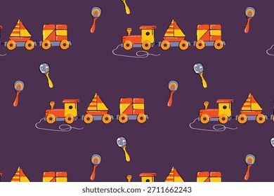 Padrão para um trem de brinquedo com chocalhos para decoração de sala de jogos e artesanato infantil.