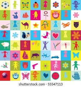 Pattern with toys and kids for kindergarten