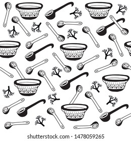  Pattern with traction Georgian dishes (spoons, tureen and soup ladle) and soup