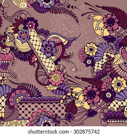 Pattern with traditional indian ornamental design. Floral background with indian ornament. Seamless pattern for your design wallpapers, pattern fills, web page backgrounds, surface textures.