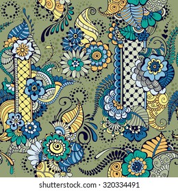 Pattern with traditional indian ornamental design in blue and yellow colors. Seamless pattern for your design wallpapers, pattern fills, web page backgrounds, surface textures.