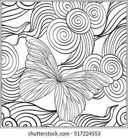 Pattern with traditional Japanese motifs, butterflies and love hearts. Coloring book for adult. Outline drawing coloring page. Stock line vector illustration.