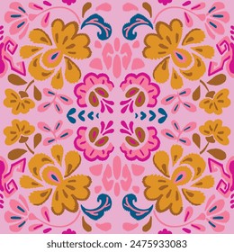 pattern is traditional local fabric design featuring floral and foliage motifs in continuous ikat patterns.  the background is beautifully shaded in tones of pink, suitable for fashion. sweet color.