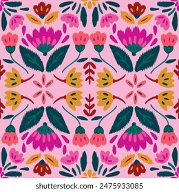 pattern is traditional local fabric design featuring floral and foliage motifs in continuous ikat patterns.  the background is beautifully shaded in tones of pink, suitable for fashion. sweet color.