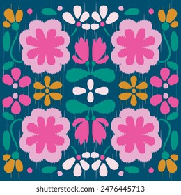 pattern is traditional local fabric design featuring floral and foliage motifs in continuous ikat patterns.  background is beautifully shaded in tones of green, suitable for fashion.  turquoise color.