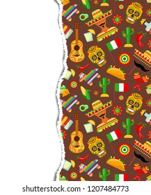 Pattern with traditional Mexican attributes on brown background