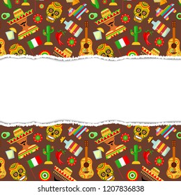 Pattern with traditional Mexican attributes on brown background