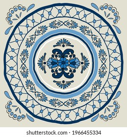 Patrón con motivos tradicionales de cerámica mexicana. Mosaico marroquí estilizado. La decoración en mosaico es de color índigo. Ornamento azul transparente con remolinos. 