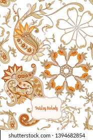 Pattern with traditional paisley. Floral vector illustration in damask style. Good for the cover of a notebook, tablet, phone. Colored vector illustration.
