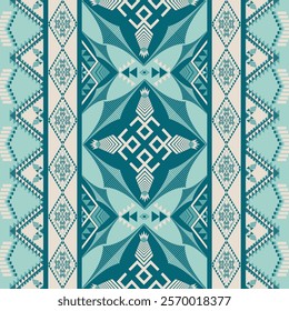 Pattern with Traditional Tribal Vibes,Native-Inspired Ornamentation in Teal,Aztec-Inspired Symmetrical Fabric Design,Artistic Native American Geometric Patterns
