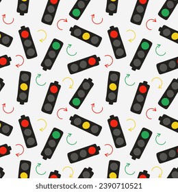 Pattern Traffic light and arrows. Green, yellow and red light. Road. Stop, go and wait signal. Circular arrows. Traffic regulation. Color image. Driving. Flat style. Vector illustration