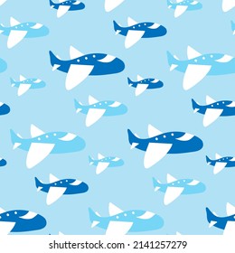 Pattern with transport by planes for shirt fabric for boys. Blue seamless texture with cartoon jets for baby products design, cute apparel, baby fabrics and bedding. Infant wallpaper. Preschool print.