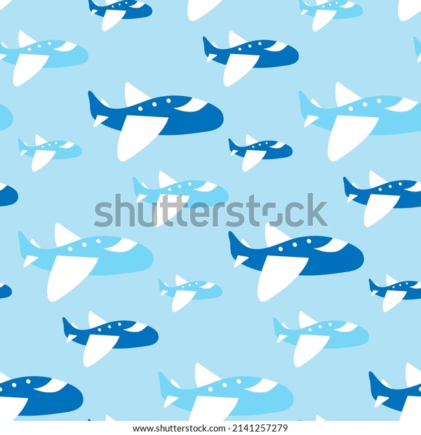 Pattern with transport by planes for shirt fabric for boys. Blue seamless texture with cartoon jets for baby products design, cute apparel, baby fabrics and bedding. Infant wallpaper. Preschool print.