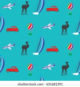 Pattern travel means of transport car airplane balloon camel sailboat background color art abstract modern creative vector