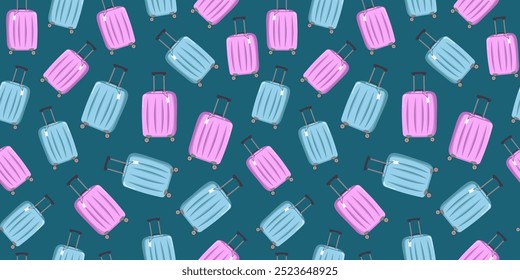 Pattern. Travel suitcase. Seamless background. Tourism, recreation. Bag with handle, wheels and retractable handle for travel, business trips, vacation. Traveler luggage. Flat design, illustration.