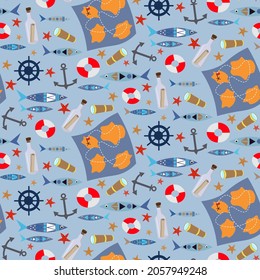 Pattern with a treasure map, telescope and fish. Marine drawing with pirate items. Vector illustration. For use in postcards, invitations, prints, baby products.