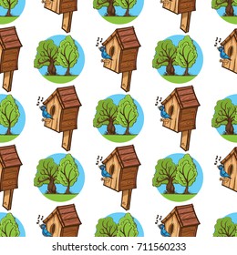 Pattern from tree and birdhouse with singing bird. Colored vector illustration isolated on white background