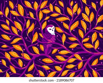 Pattern with tree branches. Forest bird owl on a tree. Flat vector illustration