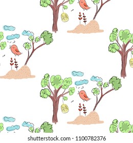 pattern tree branches with leaves and birds