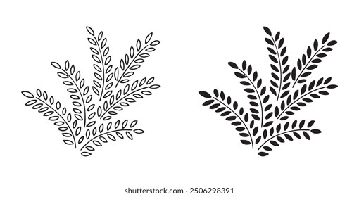 Pattern of tree branches with leaves, plant on transparent background. Decorative Elements for Decoration. Hand drawing doodles of vector botanical elements.  Line art. Outline sketch draw