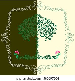 pattern  tree with flower and grass in  frame.Pattern  tree with flower and grass in  frame,olive and milk background 