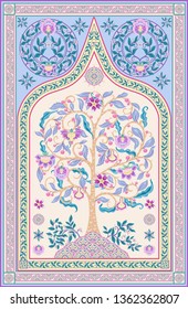 Pattern with tree of life in retro, vintage style. Jacobean embroidery. Colored vector illustration In pink, blue, ultraviolet colors. Persian, indian carpet  motif.