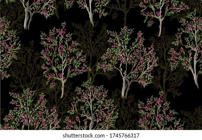 Pattern with trees with bright flowers and leaves on black background