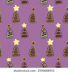 Pattern with trees, Christmas trees.Winter fir tree set . Vintage hand drawn cartoon clipart for Christmas decoration, card, poster, flyer, print and pattern. Vector illustration.