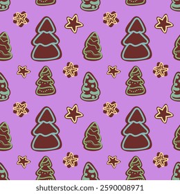 Pattern with trees, Christmas trees.Winter fir tree set . Vintage hand drawn cartoon clipart for Christmas decoration, card, poster, flyer, print and pattern. Vector illustration.