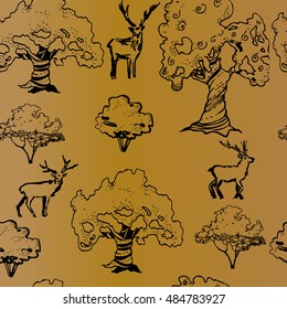 Pattern of trees and deer. Sketch black trees and booths on a gold background. Vector illustration