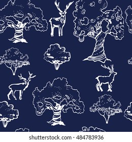Pattern of trees and deer. Sketch of white trees and booths on a blue background. Vector illustration